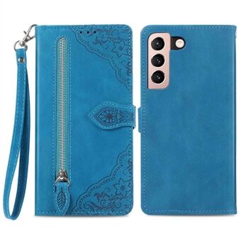 For Samsung Galaxy S21+ 5G Zipper Pocket Design Flower Imprint PU Leather Phone Case Full Protection Wallet Stand Cover