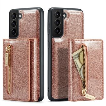 DG.MING M3 Series For Samsung Galaxy S21+ 5G 2-in-1 Glittery PU Leather Coated PC+TPU Back Case Magnetic Detachable Zipper Wallet Scratch-proof Phone Cover with Kickstand