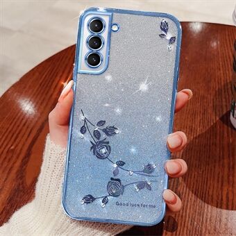 For Samsung Galaxy S21+ 5G Drop Protection Phone Case Flower Pattern Decor Rhinestone Gradient Color Glitter Powder TPU Cell Phone Cover