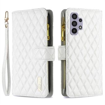 BINFEN COLOR for Samsung Galaxy A32 5G / M32 5G BF Style-15 Imprinted Rhombus Pattern Protective Case with Zipper Pocket Stand Matte PU Leather+TPU Wallet Cover