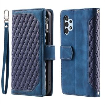 005 Style for Samsung Galaxy A32 5G / M32 5G Zipper Pocket Design Phone Stand Wallet PU Leather Cover Rhombus Texture Protective Case Shell with Strap