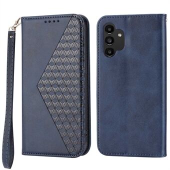 For Samsung Galaxy A32 5G / M32 5G Shockproof Calf Texture Wallet Stand Phone Case PU Leather Imprinted Rhombus Pattern Protective Phone Cover with Strap