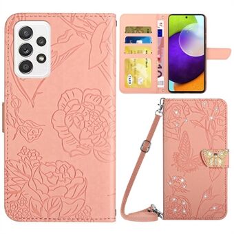 For Samsung Galaxy A52 4G / 5G / A52s 5G Drop-proof PU Leather Phone Case Butterfly Flowers Imprinted Wallet Stand with Rhinestone Decor Protective Cover with Shoulder Strap