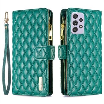 BINFEN COLOR for Samsung Galaxy A52 4G / 5G / A52s 5G BF Style-15 Imprinted Rhombus Pattern Protective Case with Zipper Pocket Stand Matte PU Leather Wallet Cover