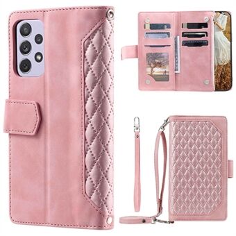005 Style For Samsung Galaxy A52 4G / 5G / A52s 5G, Rhombus Texture PU Leather Stand Phone Case Zipper Pocket Wallet Style Shell with Strap
