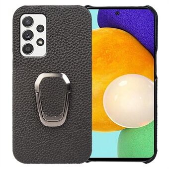 For Samsung Galaxy A52 4G / 5G / A52s 5G Genuine Leather Coated PC Case Scratch-resistant Litchi Texture Ring Kickstand Phone Cover