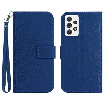 For Samsung Galaxy A52 4G / 5G / A52s 5G HT04 Skin-Touch PU Leather+TPU Phone Case Imprinted Sunflower Stand Wallet Cover with Hand Strap