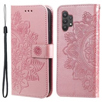 PU Leather Imprint Flowers Pattern Wallet Phone Case with Lanyard for Samsung Galaxy A32 4G (EU Version)
