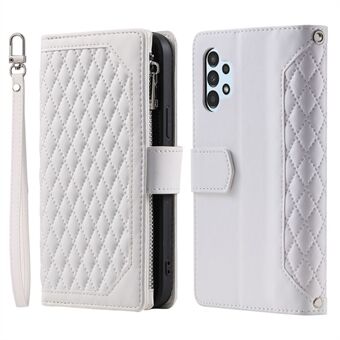 005 Style for Samsung Galaxy A32 4G (EU Version) Rhombus Texture PU Leather Phone Shockproof Cover Zipper Pocket Stand Wallet Case with Wrist Strap