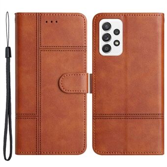 For Samsung Galaxy A32 4G (EU Version) PU Leather Business Case Lines Imprinted Stand Folio Flip Wallet Cover with Strap