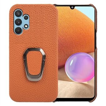 For Samsung Galaxy A32 4G (EU Version) Genuine Leather Coated Hard PC Scratch Resistant Case Litchi Texture Ring Kickstand Non-Slip Phone Cover