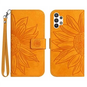 For Samsung Galaxy A32 4G (EU Version) HT04 Skin-Touch PU Leather Full Protection Wallet Case Imprinted Sunflower Adjustable Stand Cover with Hand Strap