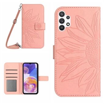 For Samsung Galaxy A32 4G (EU Version) HT04 Skin-touch PU Leather Imprinted Sunflower Stand Wallet Case Magnetic Phone Cover with Shoulder Strap