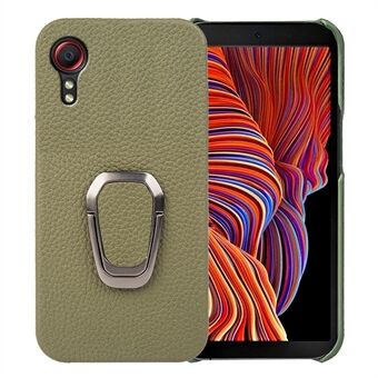 For Samsung Galaxy Xcover 5 Ring Holder Kickstand Phone Case Litchi Texture Genuine Leather Coated PC Cover
