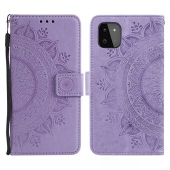 Imprinted Mandala Flower Wallet Design Leather Case with Strap for Samsung Galaxy A22 5G (EU Version)