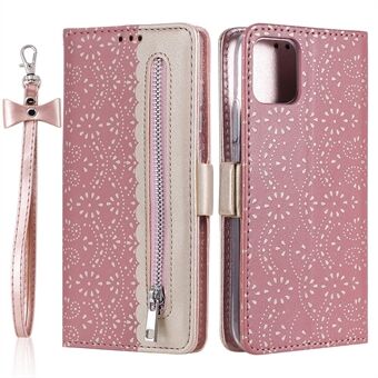 Lace Flower Pattern Zipper PU Leather Wallet Stand Case Shell for Samsung Galaxy A22 5G (EU Version)
