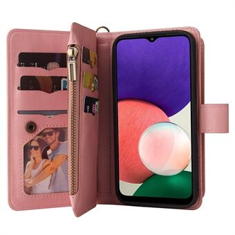 KT Multi-functional Series-2 Button Closure Skin-touch Feel Leather Case for Samsung Galaxy A22 5G (EU Version) with Multiple Card Slots and Zipper Pocket