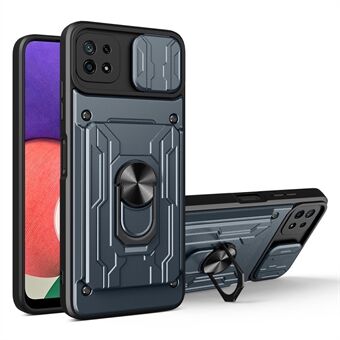 Kickstand Hard PC Soft TPU Shockproof Phone Cover with Card Holder and Slide Camera Cover for Samsung Galaxy A22 5G (EU Version)