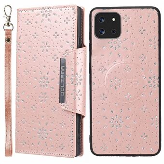 For Samsung Galaxy A22 5G (EU Version) Protective Cover Glitter Flower Leaf Imprinted Detachable Leather Wallet Phone Case