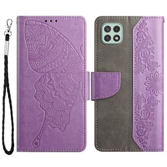 For Samsung Galaxy A22 5G (EU Version) Butterfly Flower Imprinted Wallet Phone Case Scratch Resistant Folio Flip Protective Cover with Stand