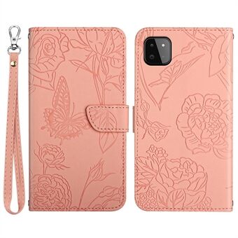 For Samsung Galaxy A22 5G (EU Version) Skin-touch Feeling Phone Case Butterfly Flower Imprinted PU Leather Wallet Stand Cover with Wrist Strap