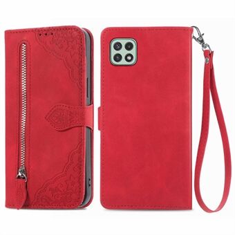 For Samsung Galaxy A22 5G (EU Version) Imprinted Leather Drop-proof Cell Phone Case Zipper Pocket Feature Wallet Cover with Stand