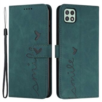 For Samsung Galaxy A22 5G/A22s 5G (EU Version) Skin-touch Feeling Heart Shape Imprinted Hands-free Stand Phone Case PU Leather Wallet Shell with Strap