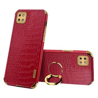 For Samsung Galaxy A22 5G (EU Version) Crocodile Texture PU Leather Coated TPU Case Electroplating Ring Kickstand Phone Cover