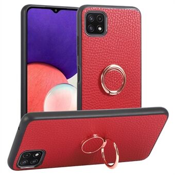 For Samsung Galaxy A22 5G (EU Version) Ring Holder Kickstand Phone Case PU Leather+PC+TPU Litchi Texture Shell Works for Magnetic Car Mount