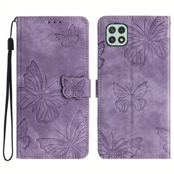 Butterfly Imprinted Shell for Samsung Galaxy A22 5G (EU Version) Stand PU Leather Wallet Skin-touch Phone Cover