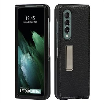 Premium Litchi Texture Genuine Leather Protective Cell Phone Case with Kickstand for Samsung Galaxy Z Fold3 5G - Black