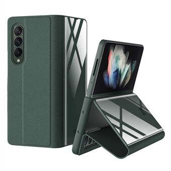 GKK For Samsung Galaxy Z Fold3 5G Leather Coated PC+Tempered Glass Hybrid Case Phone Stand Cover
