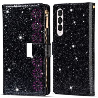Glittery Starry Style Laser Carving Magnetic Closure Zipper Wallet Stand Protective Leather Phone Case for Samsung Galaxy Z Fold3 5G