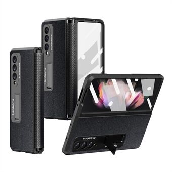 For Samsung Galaxy Z Fold3 5G Full Coverage Phone Case Retractable Hinge PU Leather + Hard PC Shell Kickstand Cover with Tempered Glass
