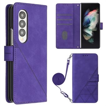 YB Imprinting Series-2 For Samsung Galaxy Z Fold3 5G PU Leather Business Phone Case Imprinted Lines Folio Stand Wallet Cover with Shoulder Strap