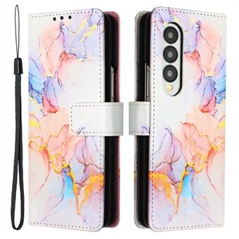 YB Pattern Printing Leather Series-5 for Samsung Galaxy Z Fold3 5G Flip Folio Wallet Cover PU Leather Printed Marble Pattern Stand Phone Case with Strap