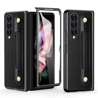 For Samsung Galaxy Z Fold3 5G Roman Series PU Leather Coated PC Cover Retractable Wristband Folding Phone Case with Tempered Glass Film