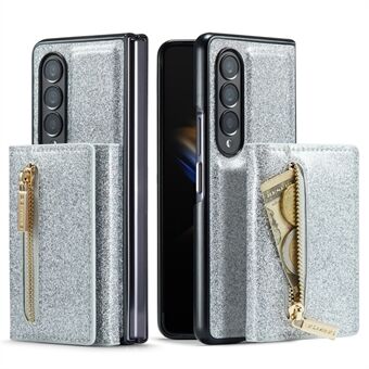 DG.MING M3 Series For Samsung Galaxy Z Fold3 5G 2-in-1 Glittery PU Leather Coated PC+TPU Anti-collision Back Case Magnetic Detachable Zipper Wallet Phone Cover with Kickstand