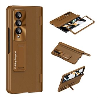 For Samsung Galaxy Z Fold3 5G Leather Coated PC Phone Case Hinge Protection Kickstand Cover with Tempered Glass Film