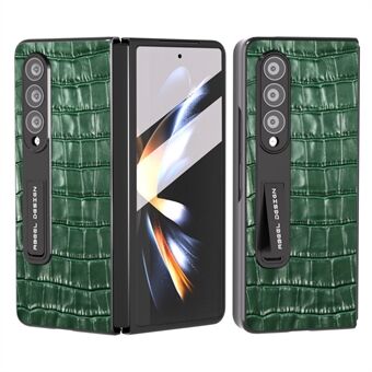 ABEEL For Samsung Galaxy Z Fold3 5G Crocodile Texture Back Case Cowhide Leather+PC Kickstand Phone Cover with Tempered Glass Film