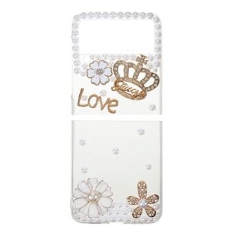 Crown Flower Sticking Diamond Pearls Decor Anti-Drop Stylish Hard PC Protective Phone Cover for Samsung Galaxy Z Flip3 5G