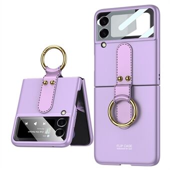 GKK Ring Holder Kickstand Ultra-thin PU Leather Coated PC Phone Flip Case Cover with Tempered Glass Camera Lens Protector Film for Samsung Galaxy Z Flip3 5G