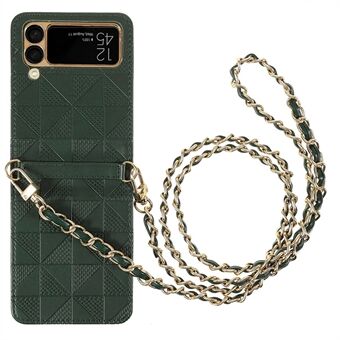 PU Leather Coated PC Phone Case with Metal Frame and Hanging Strap Phone Cover for Samsung Galaxy Z Flip3 5G