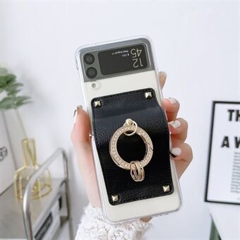 For Samsung Galaxy Z Flip3 5G Transparent Phone Case PU Leather Hinge Hand Strap Folding PC Protective Cover with Ring Holder
