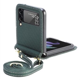 For Samsung Galaxy Z Flip3 5G Shockproof Phone Cover with One-piece Design Grid Imprinted Mobile Phone Case with Long Lanyard Card Holder