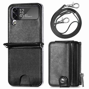 For Samsung Galaxy Z Flip3 5G Anti-Fall Phone Case PU Leather Coated Hard PC Shockproof Cover with Lanyard / Mini Zippered Wallet