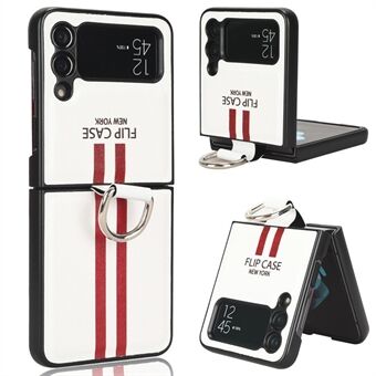 For Samsung Galaxy Z Flip3 5G PU Leather + Hard PC Shell Colored Stripe Pattern Shockproof Phone Case Cover with Ring Strap