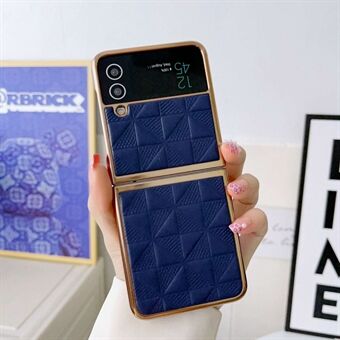 For Samsung Galaxy Z Flip3 5G Grid Pattern Anti-scratch Folding Phone Case Electroplating PU Leather Coated Hard PC Cover