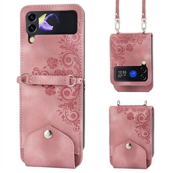 For Samsung Galaxy Z Flip3 5G Imprinted Flowers Folding Phone Case Skin-touch PU Leather Stand Card Holder Cover with Shoulder Strap