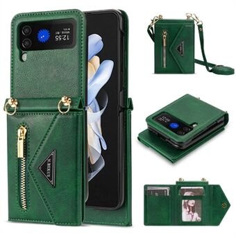 N.BEKUS PU Leather Coated PC Case for Samsung Galaxy Z Flip3 5G, Drop Proof Card Slots Holder Zipper Pocket Protective Back Cover with Shoulder Strap